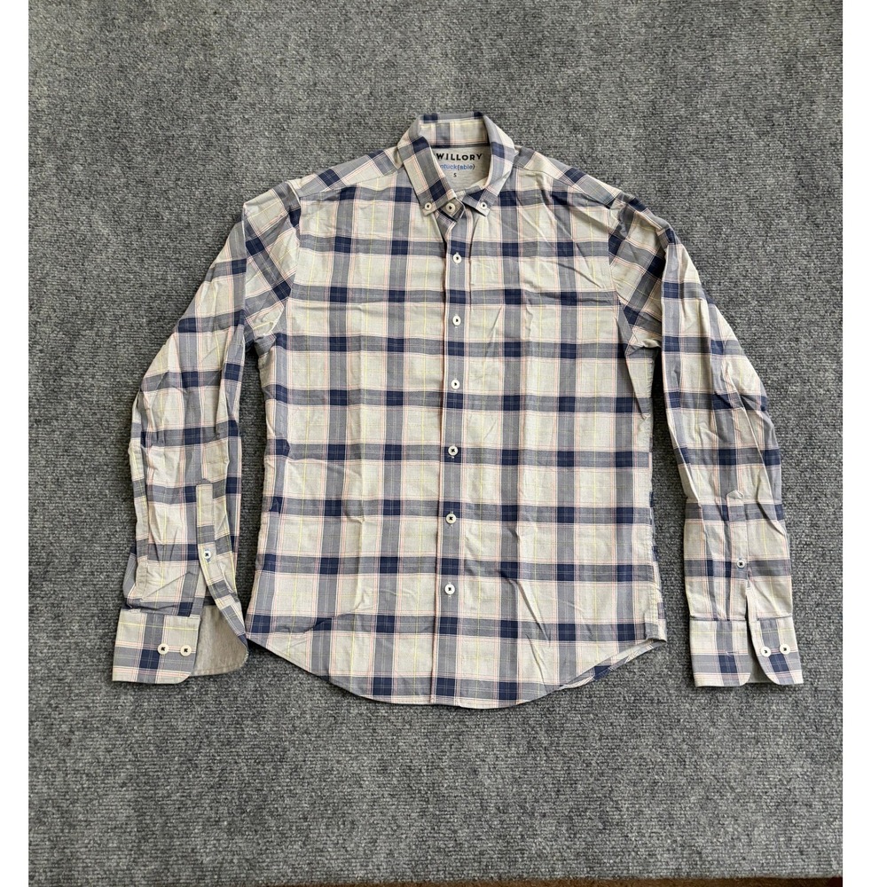 Twillory Untuckable Mens Small Blue Grey Plaid Button Down Shirt Long Sleeve
